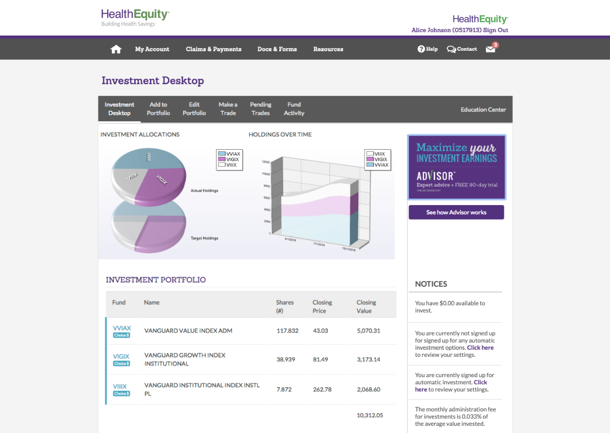 HealthEquity old investment dashboard